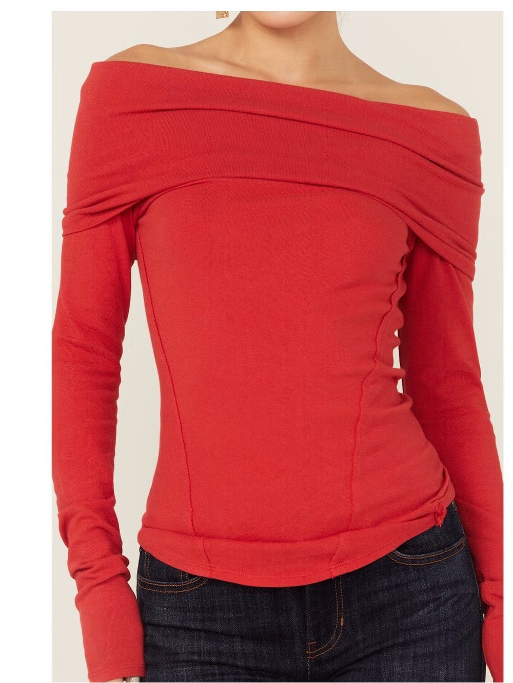 Free People Red Off-the-Shoulder Long Sleeve Sweater